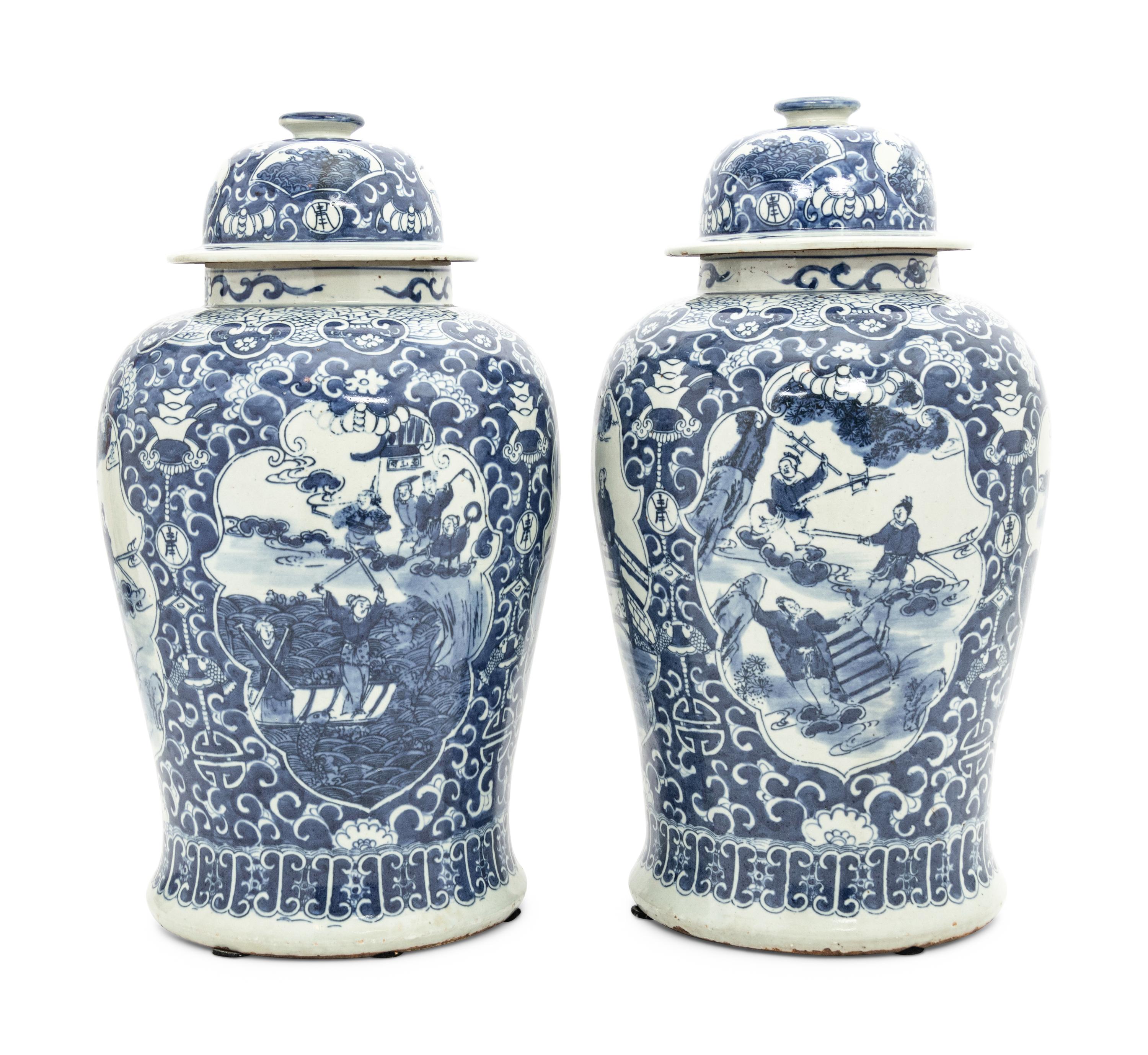 A Pair of Blue and White Porcelain Jars and Covers