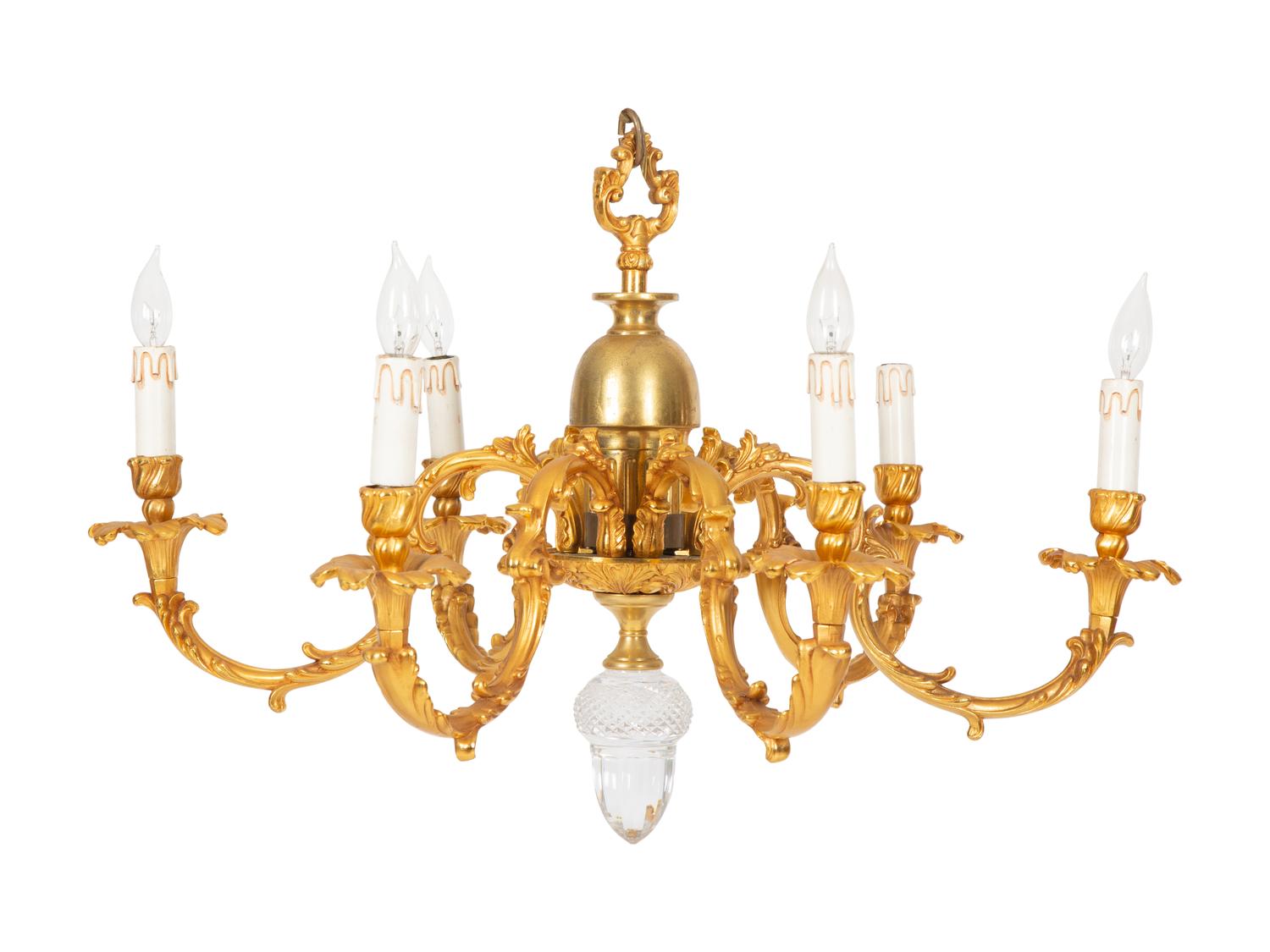 A Pair of Louis XV Style Gilt-Bronze Six Light Chandeliers — 20th Century