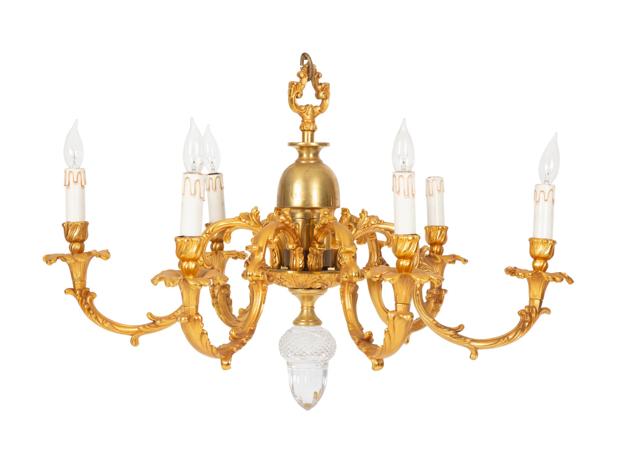 A Pair of Louis XV Style Gilt-Bronze Six Light Chandeliers — 20th Century