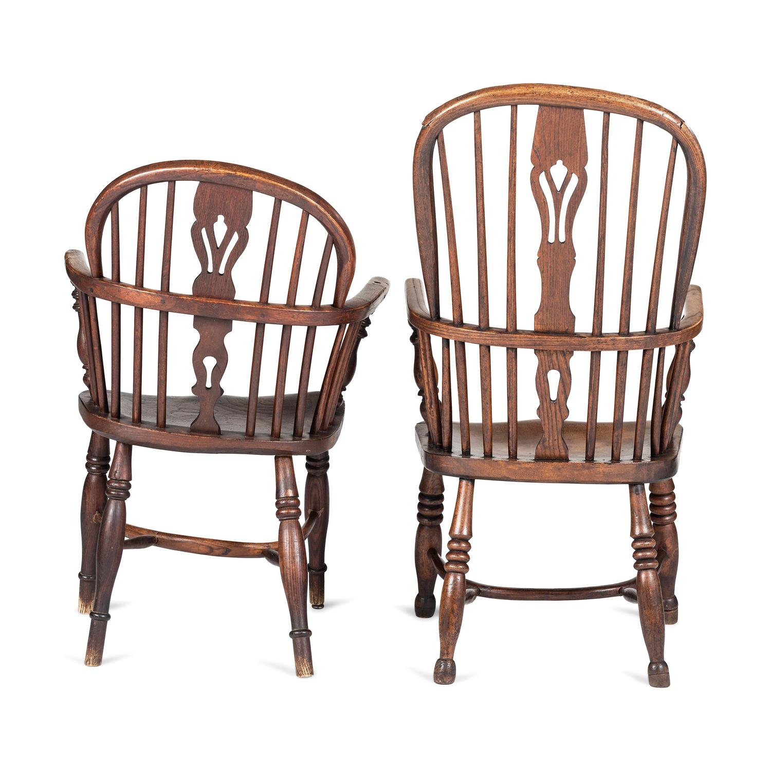 Two English Oak/Elm Carved Windsor Arm Chairs