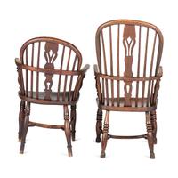 Two English Oak/Elm Carved Windsor Arm Chairs