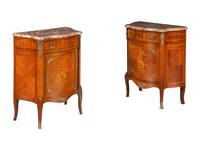 A Pair of Louis XV/XVI Transitional Style Parquetry and Marquetry Marble-Top Small Cabinets