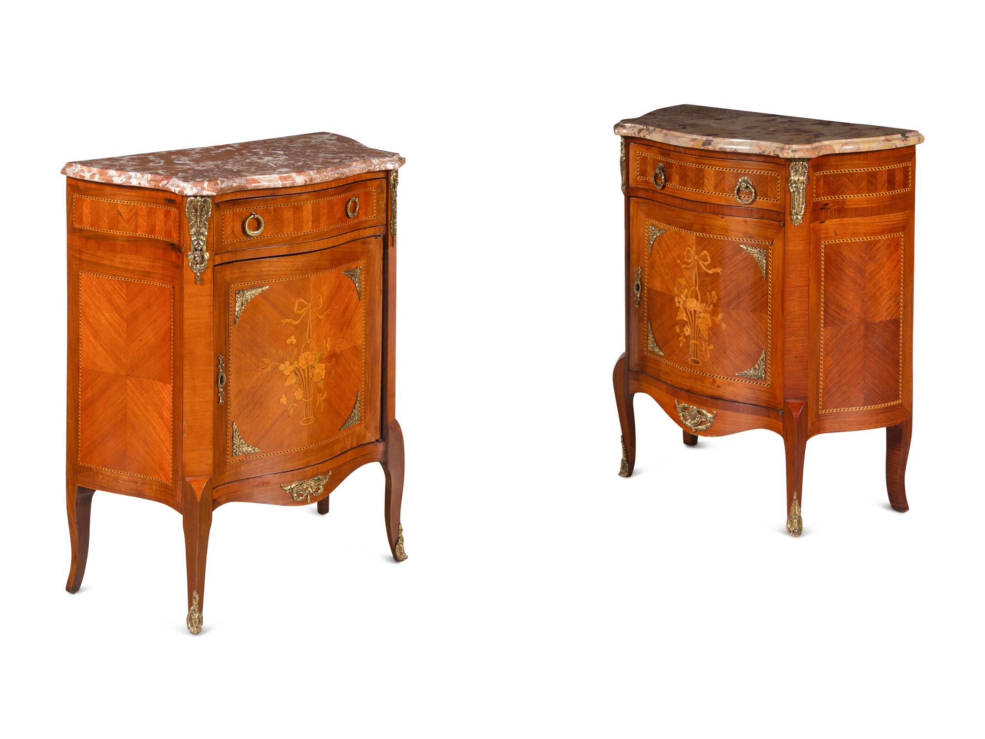 A Pair of Louis XV/XVI Transitional Style Parquetry and Marquetry Marble-Top Small Cabinets