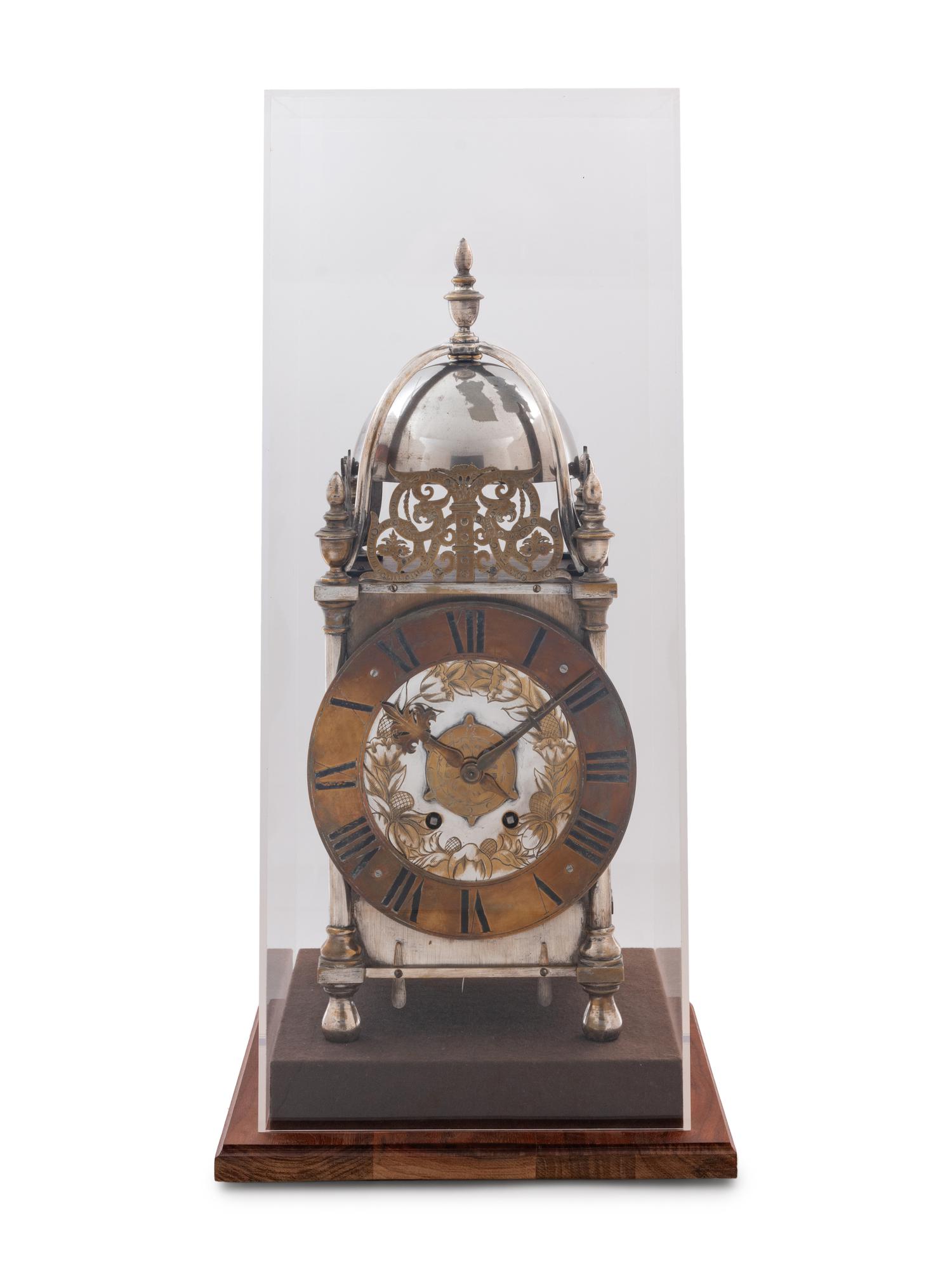 A French Wood and Silver-Plated Brass Lantern Clock