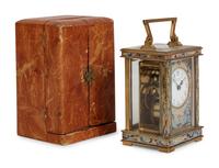 A French Champlevé Enamel Cased Carriage Clock Retailed by Cowell & Hubbard