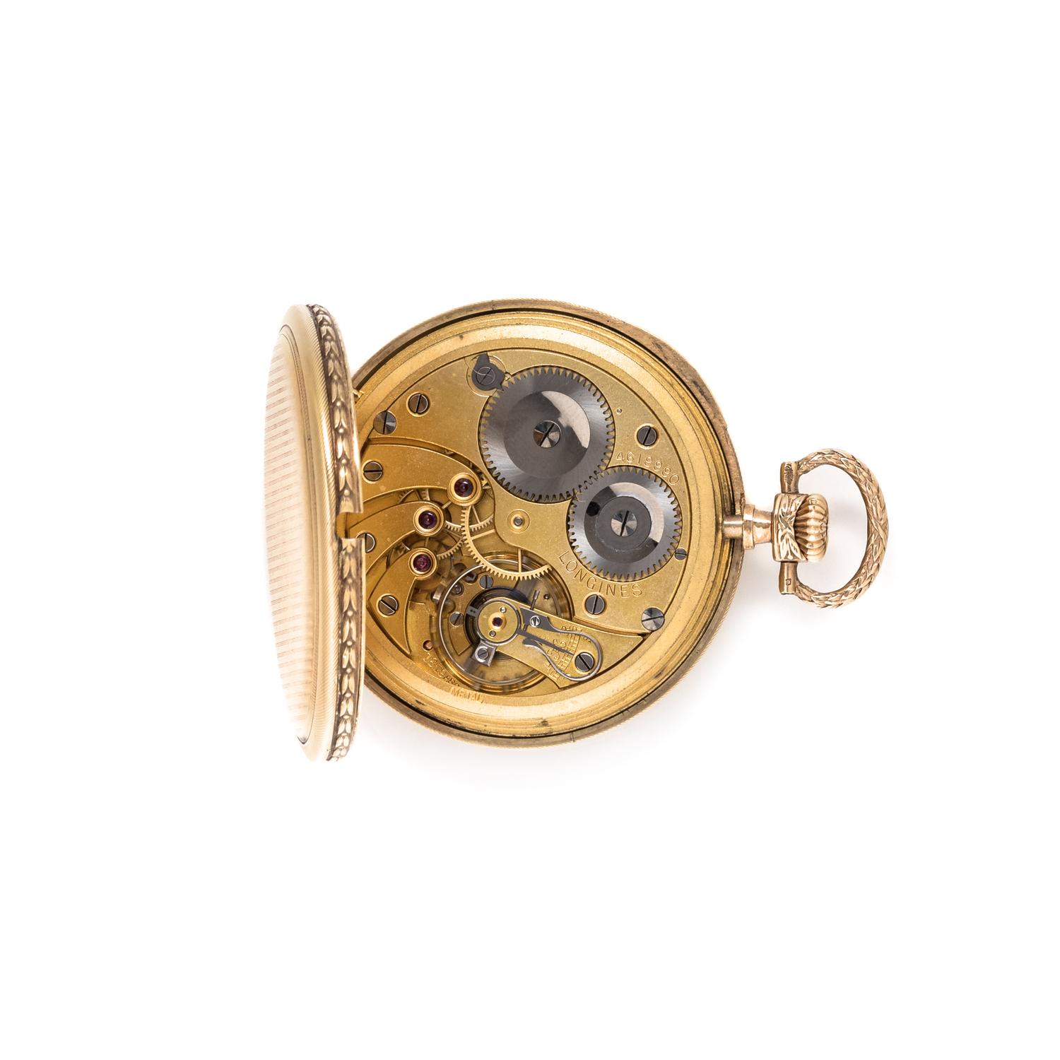 LONGINES, 14K YELLOW GOLD OPEN FACE POCKET WATCH AND YELLOW GOLD FOB CHAIN