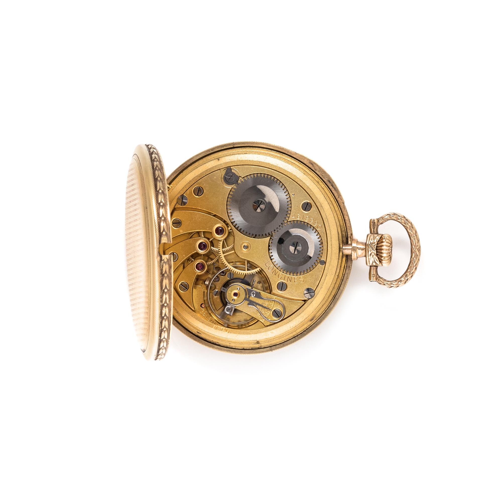 LONGINES, 14K YELLOW GOLD OPEN FACE POCKET WATCH AND YELLOW GOLD FOB CHAIN
