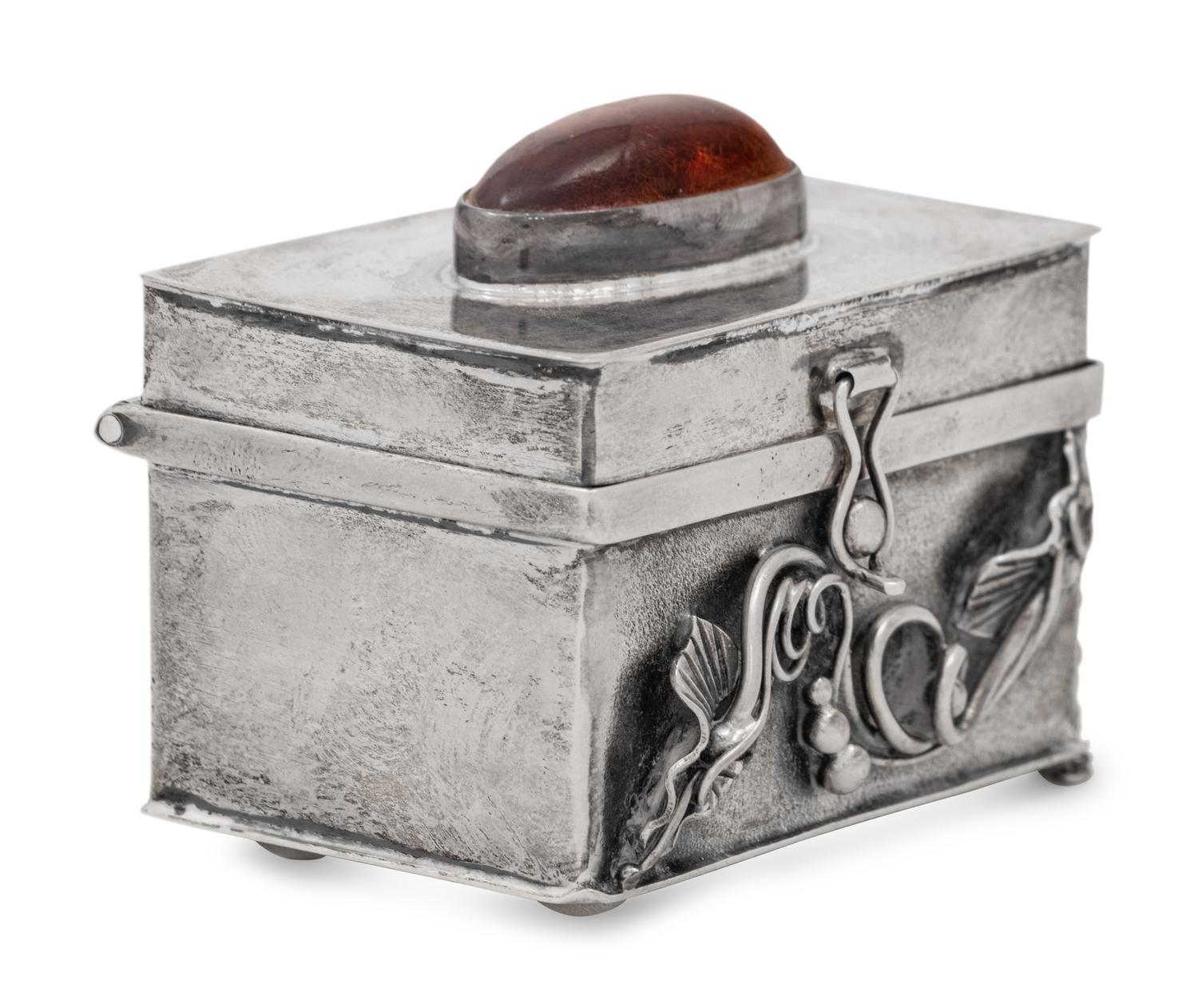 A Polish Silver Trinket Box with Inlaid Amber Cartouche