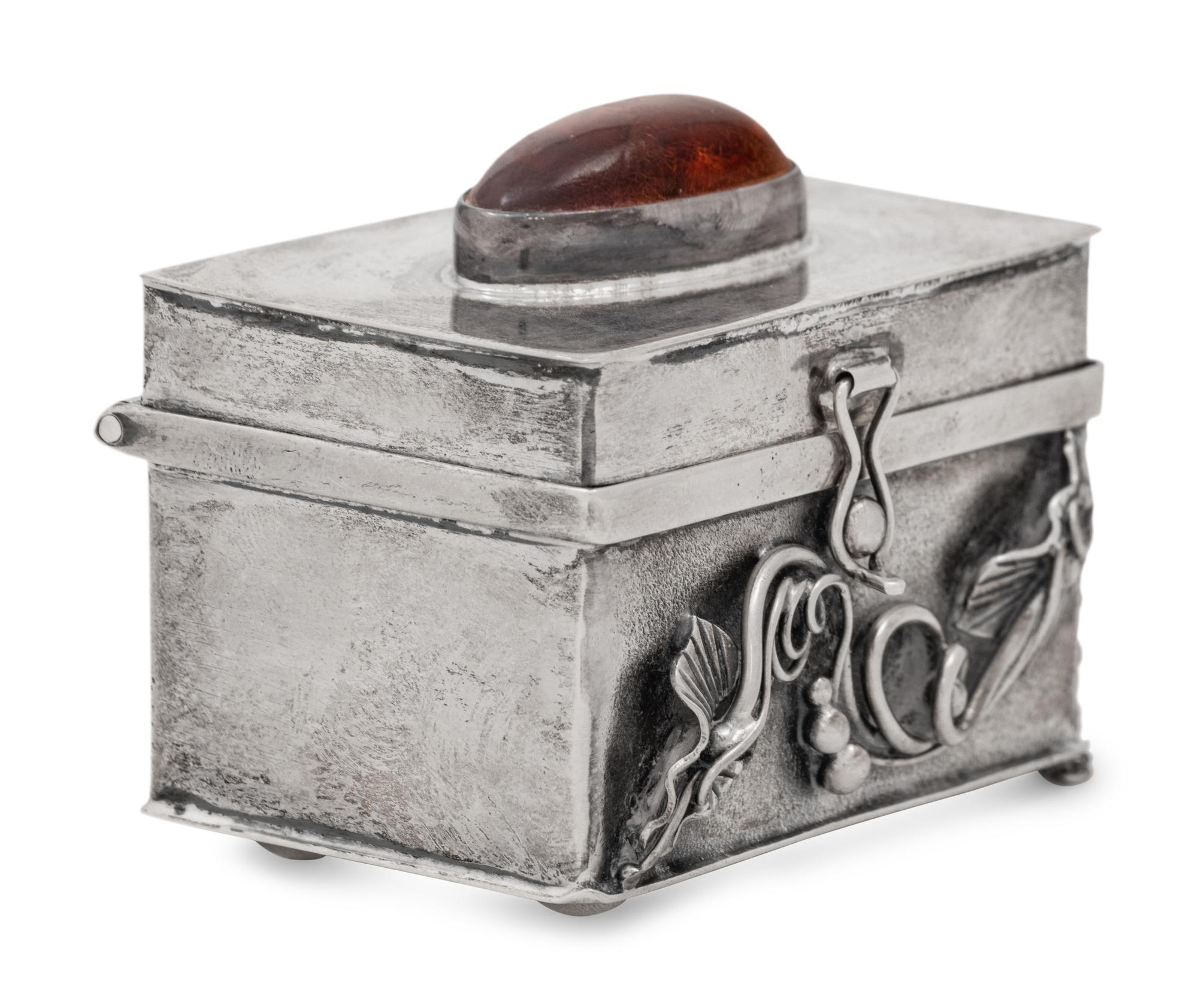 A Polish Silver Trinket Box with Inlaid Amber Cartouche