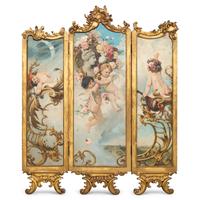 A Louis XV Style Giltwood and Painted Canvas Three-Panel Floor Screen