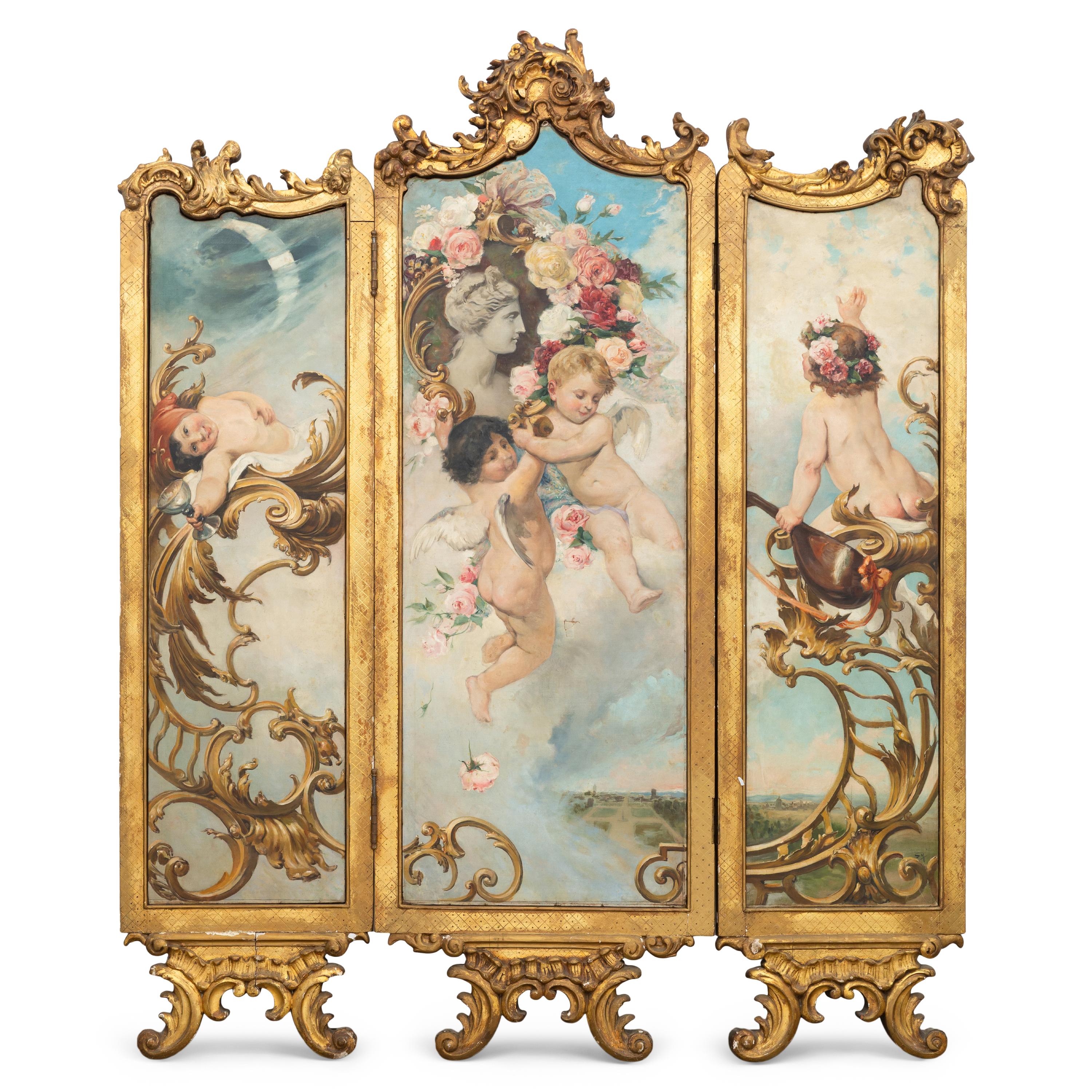 A Louis XV Style Giltwood and Painted Canvas Three-Panel Floor Screen