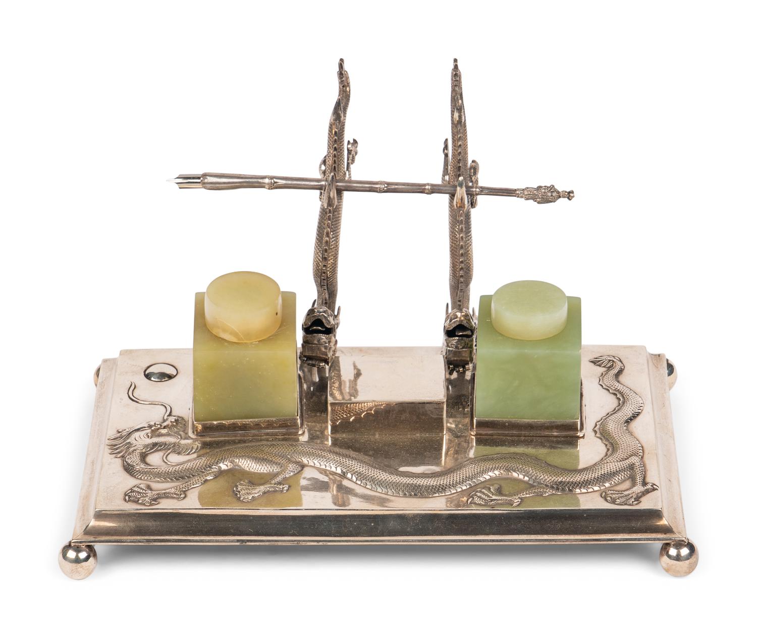 A Chinese Export Silver and Carved Hardstone Desk Set