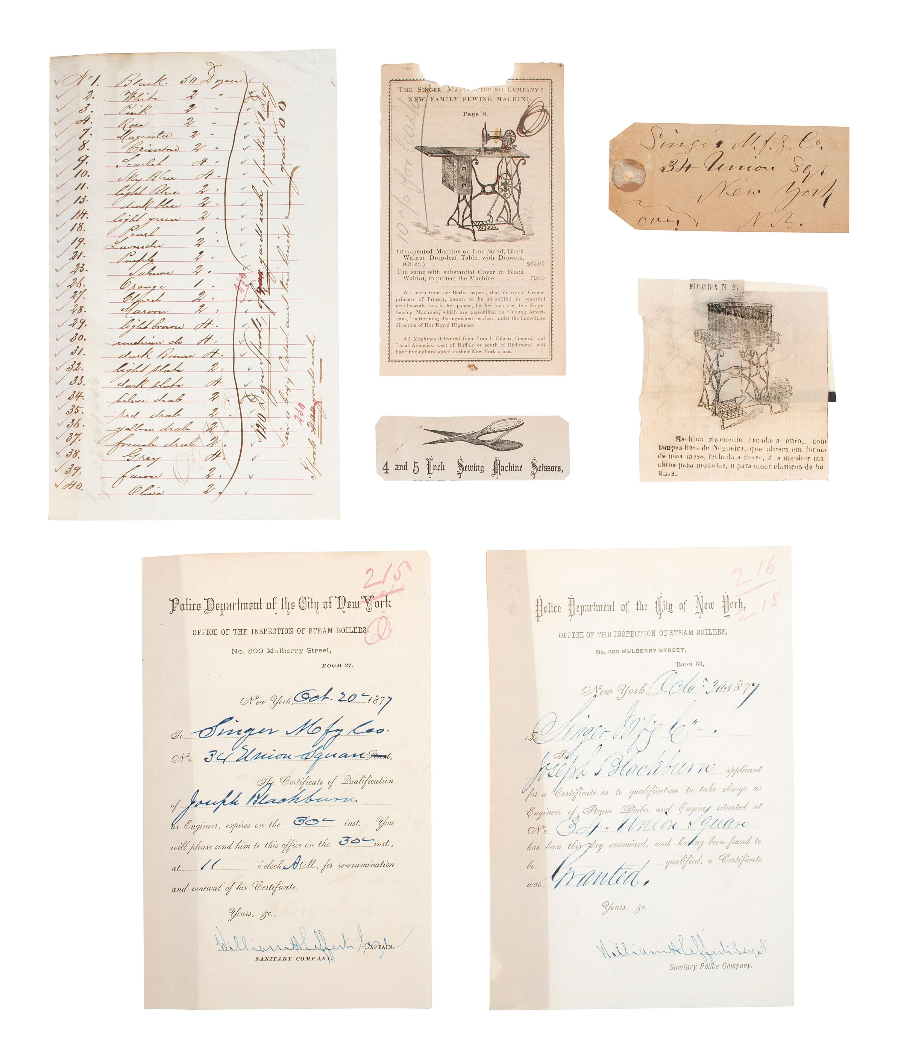 [BUSINESS & INDUSTRY]. Extensive manuscript archive involving the Singer Manufacturing Company and associated employees, agents, manufacturers, and clients.