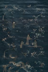 Two Chinese Blue Embroidered Silk Hanging Panels