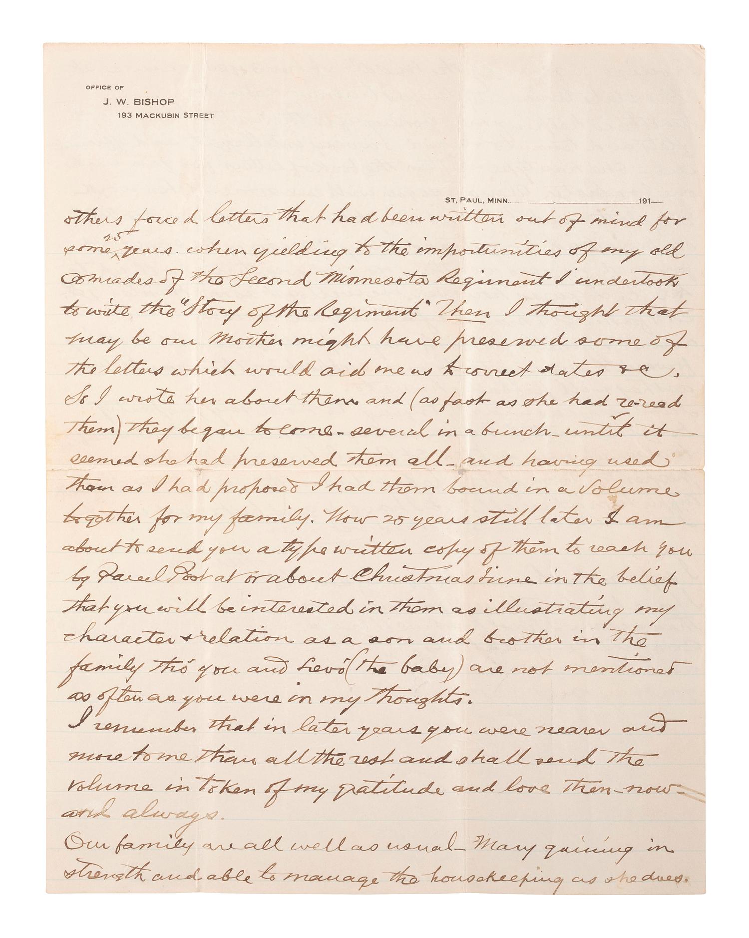[CIVIL WAR]. Judson W. Bishop, 2nd Minnesota Infantry, Civil War archive incl. typed transcription of letters dating from 1861-1865 and related documents.