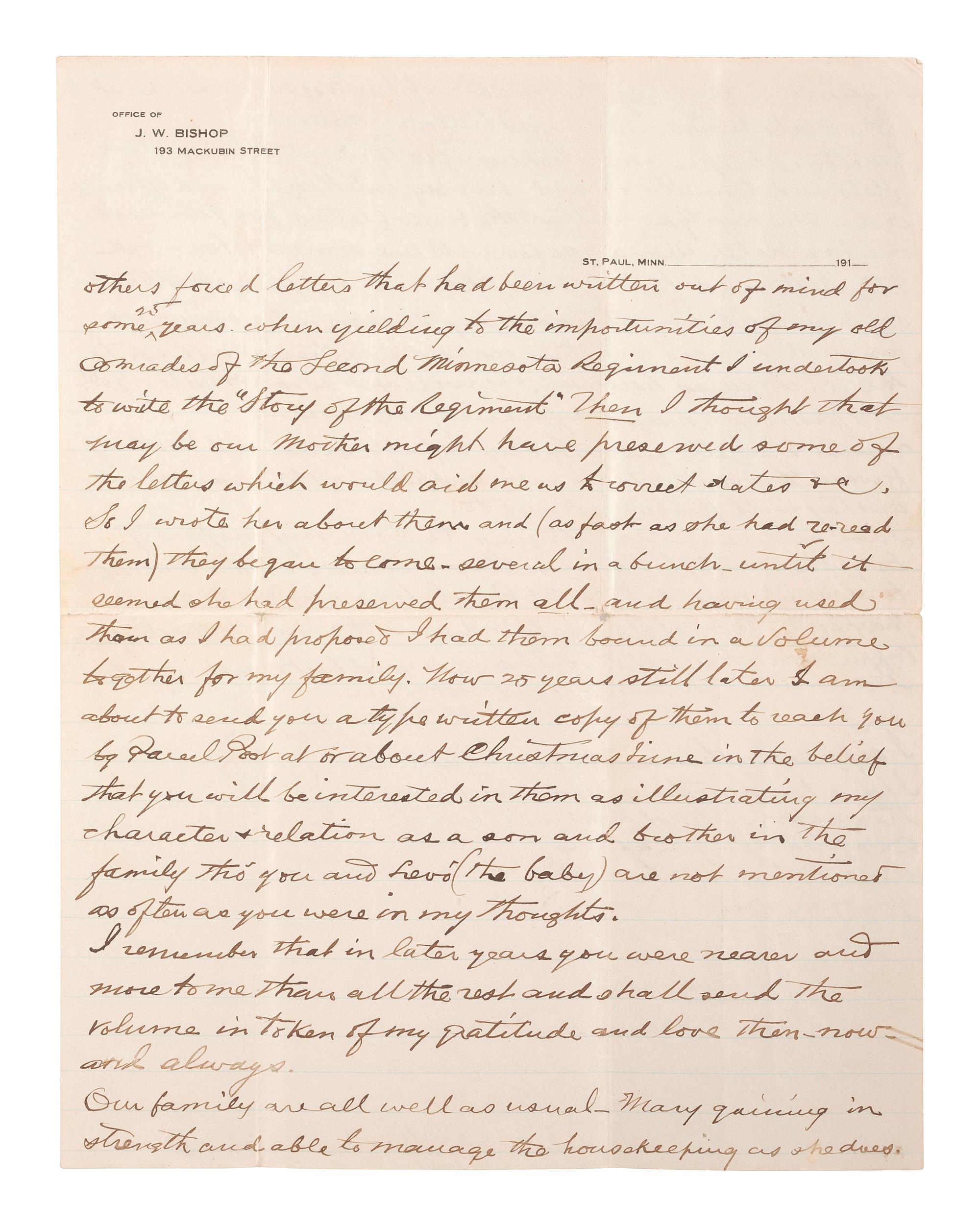 [CIVIL WAR]. Judson W. Bishop, 2nd Minnesota Infantry, Civil War archive incl. typed transcription of letters dating from 1861-1865 and related documents.