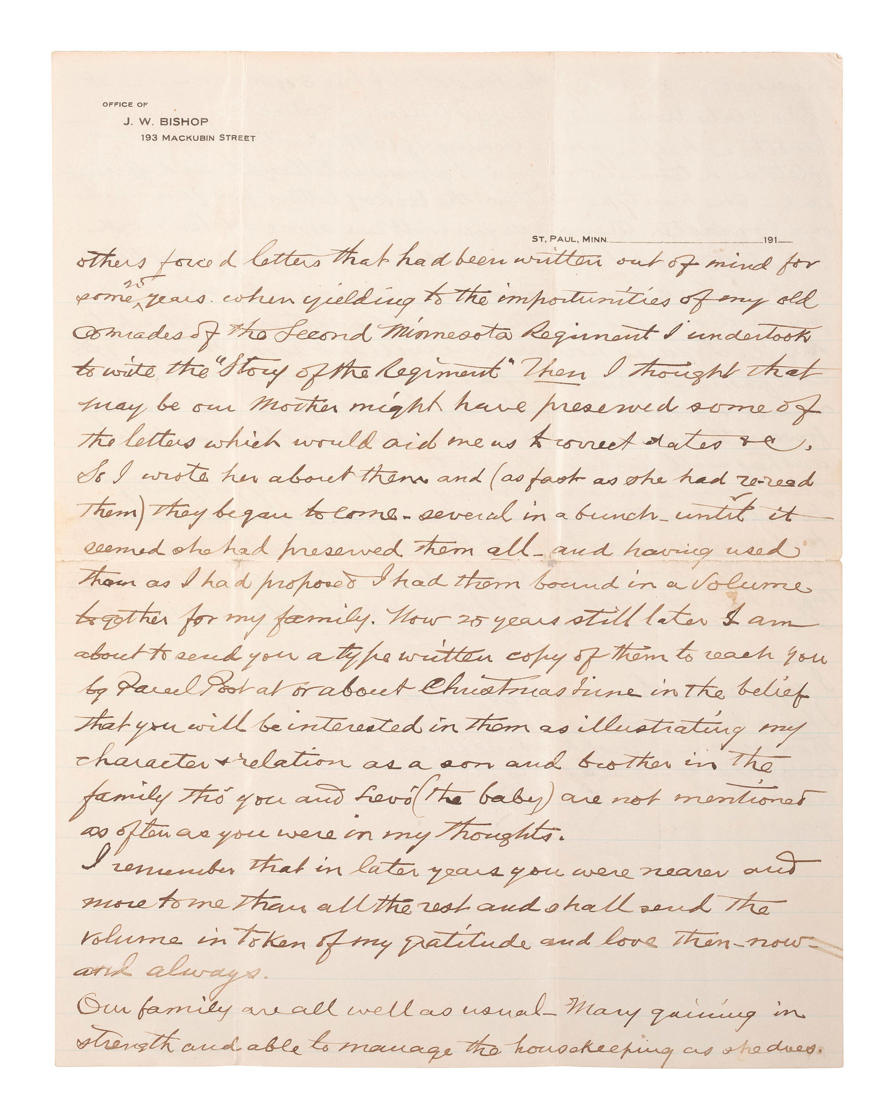 [CIVIL WAR]. Judson W. Bishop, 2nd Minnesota Infantry, Civil War archive incl. typed transcription of letters dating from 1861-1865 and related documents.