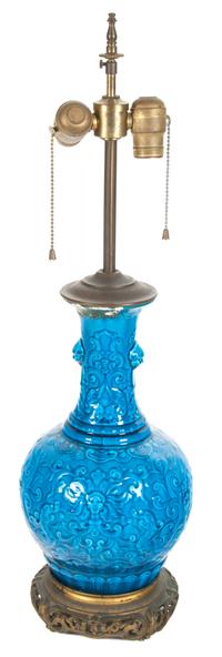 A Kangxi Style Chinese Carved Porcelain Table Lamp Height 14 inches. — CIRCA 1900
