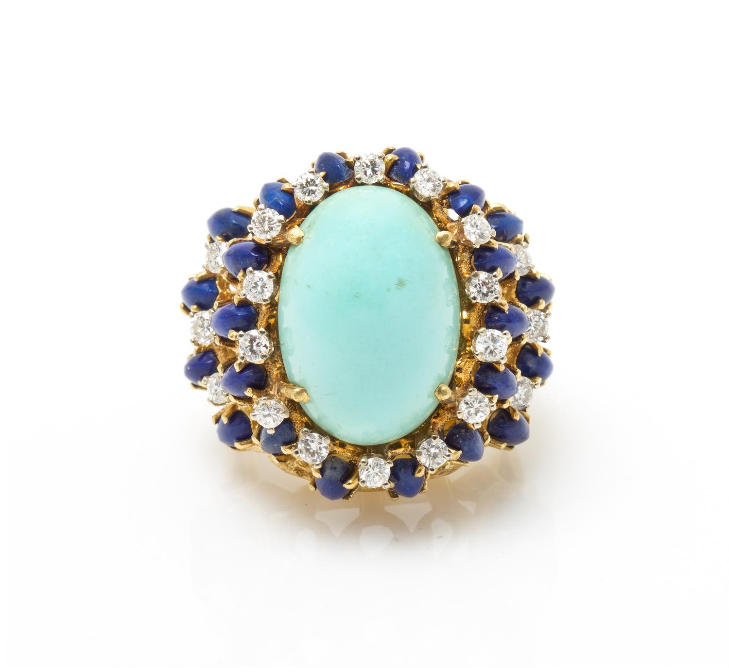 An 18 Karat Yellow Gold, Turquoise, Diamond, and Lapis Lazuli Ring, 14.20 dwts.
