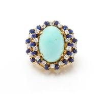 An 18 Karat Yellow Gold, Turquoise, Diamond, and Lapis Lazuli Ring, 14.20 dwts.