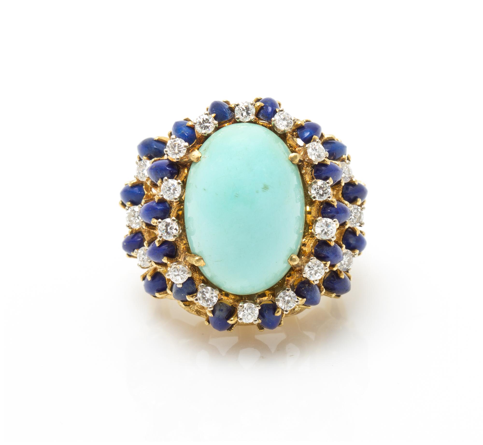 An 18 Karat Yellow Gold, Turquoise, Diamond, and Lapis Lazuli Ring, 14.20 dwts.
