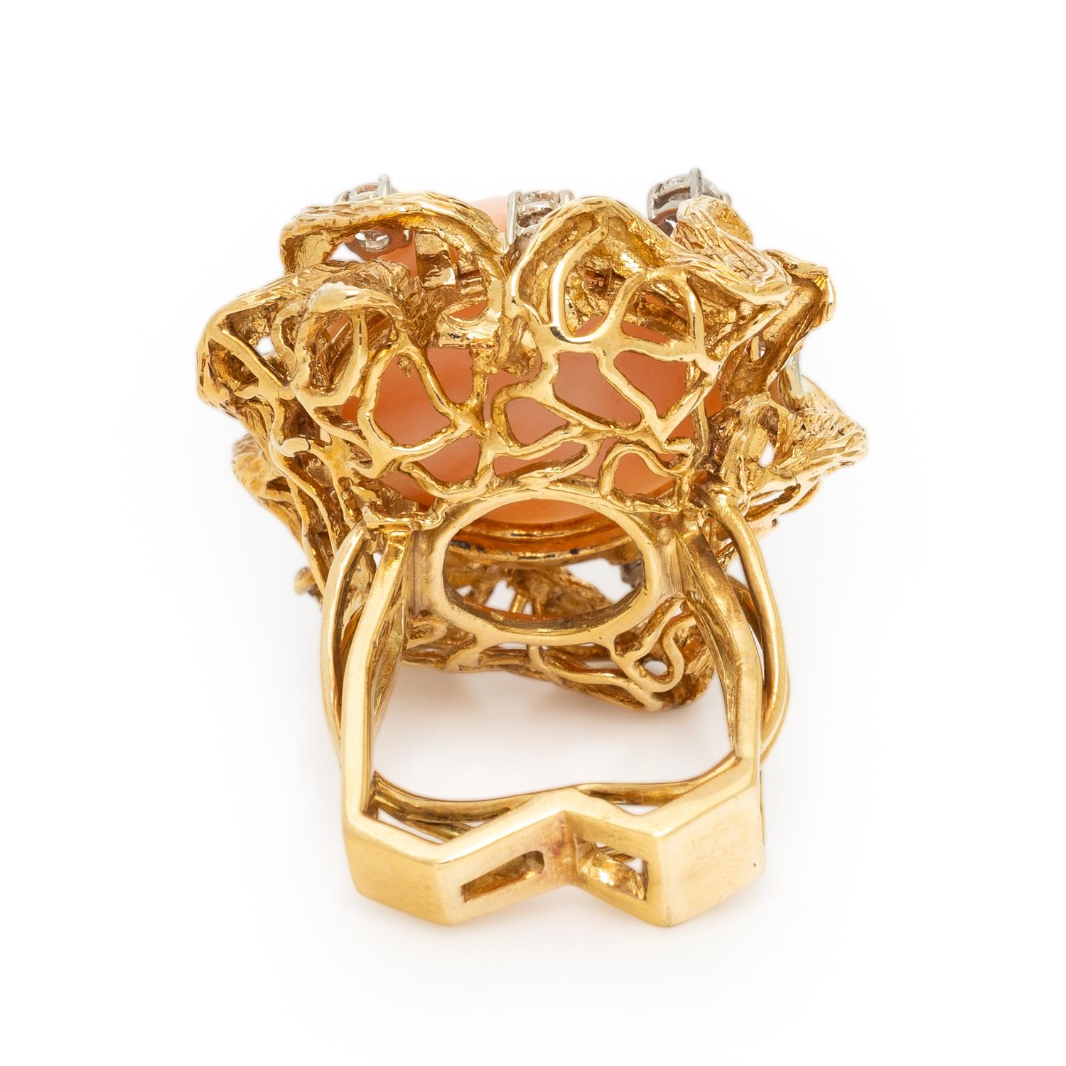 CORAL, DIAMOND, AND YELLOW GOLD RING