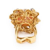 CORAL, DIAMOND, AND YELLOW GOLD RING
