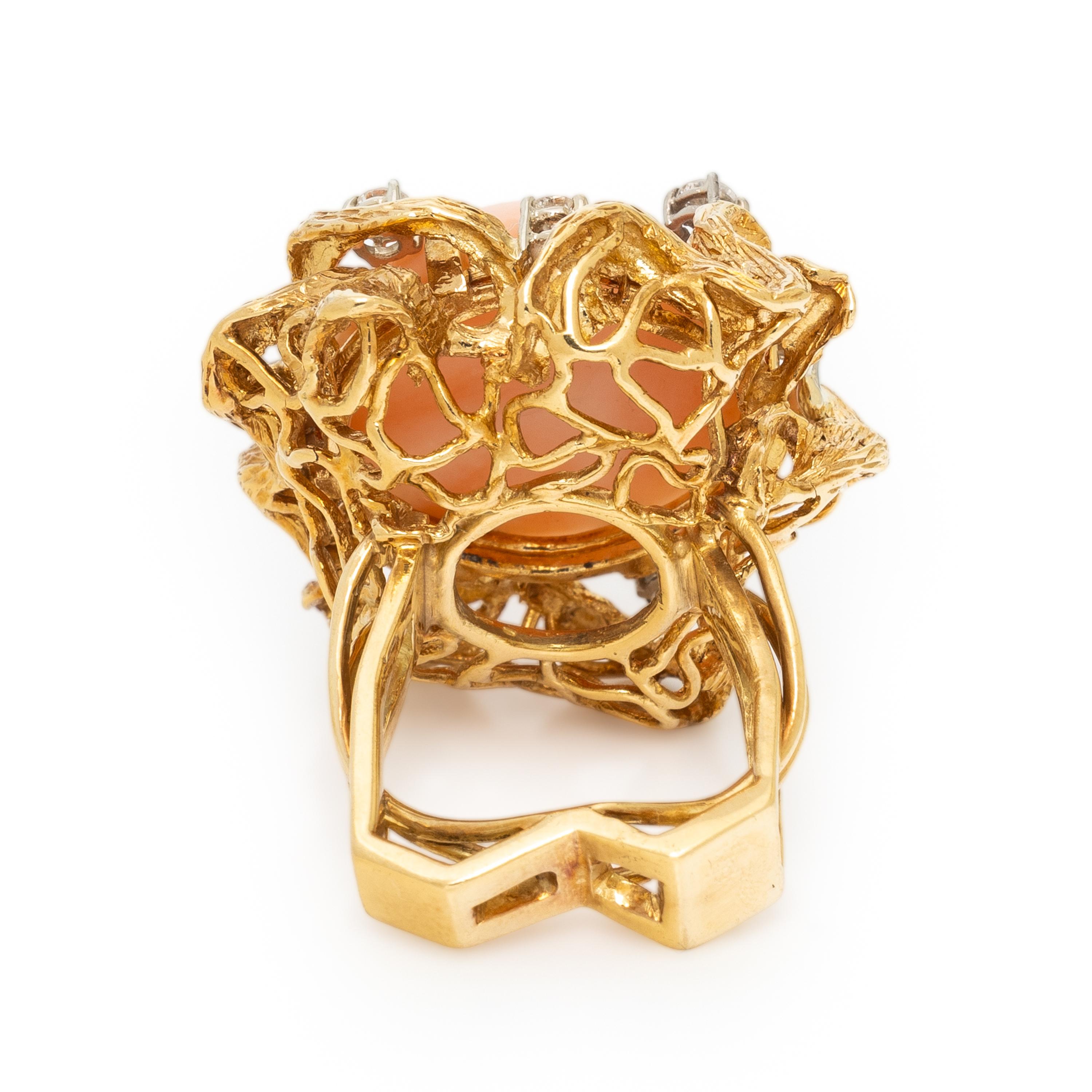 CORAL, DIAMOND, AND YELLOW GOLD RING