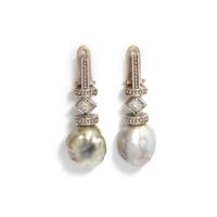 CULTURED GREY BAROQUE PEARL AND DIAMOND EARRINGS