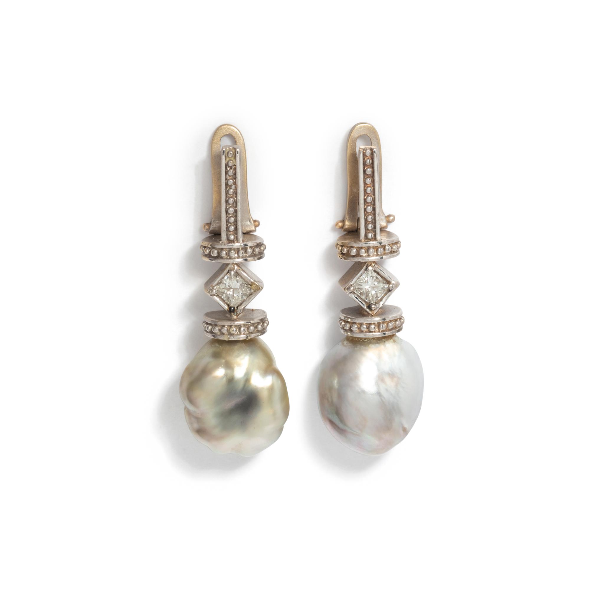 CULTURED GREY BAROQUE PEARL AND DIAMOND EARRINGS