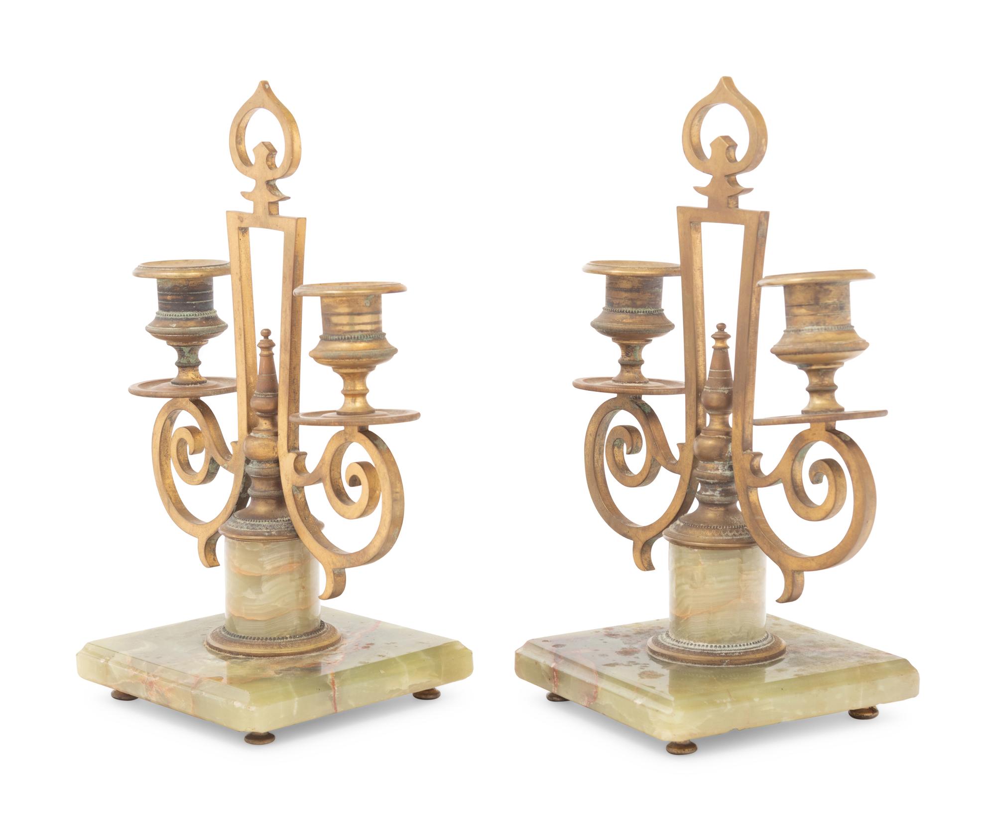 A Pair of Russian Gilt Bronze and Onyx Two-Light Candlesticks