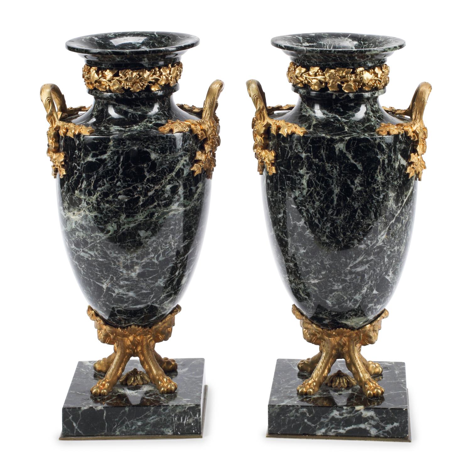 A Pair of Louis XV Style Gilt Bronze Mounted Marble Urns