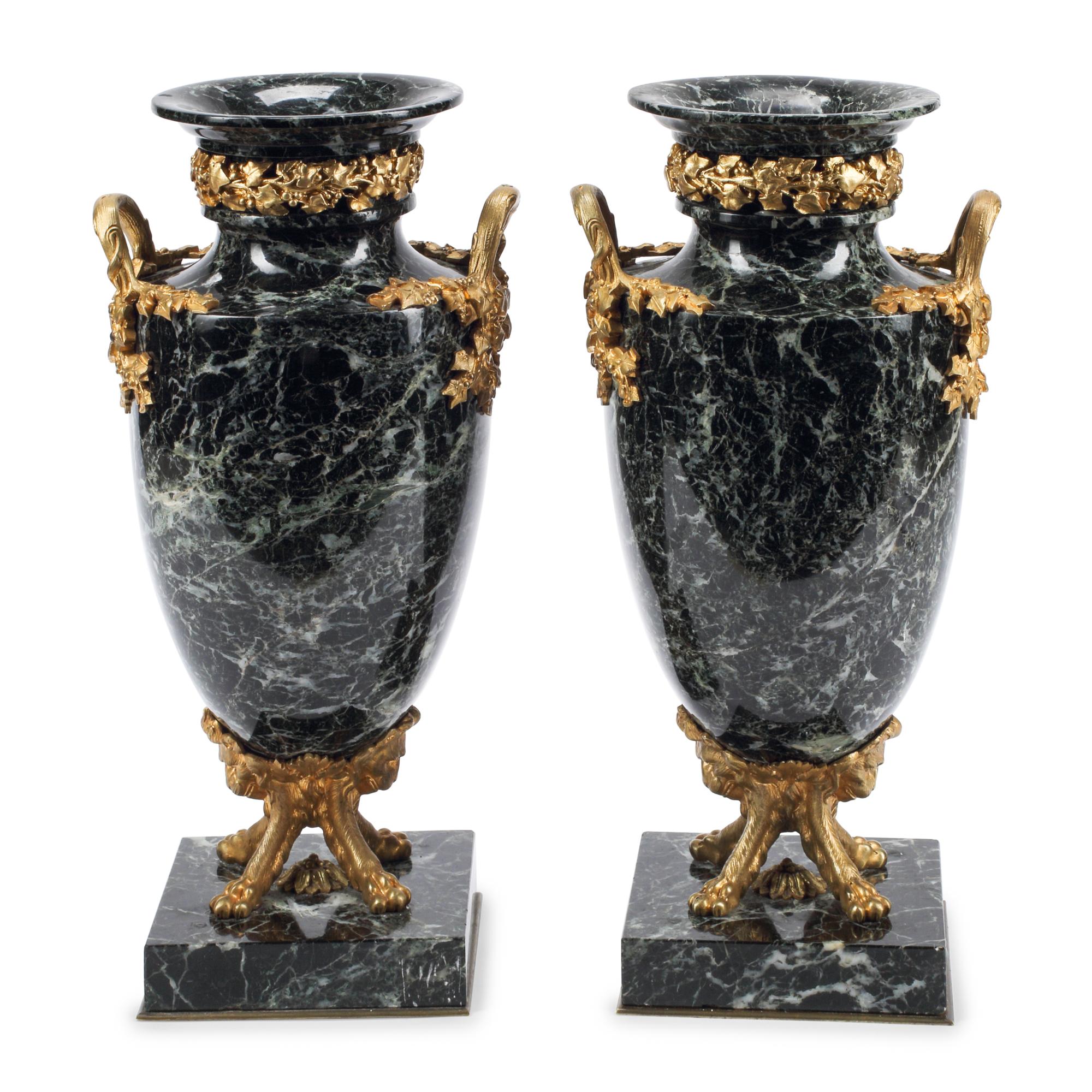 A Pair of Louis XV Style Gilt Bronze Mounted Marble Urns