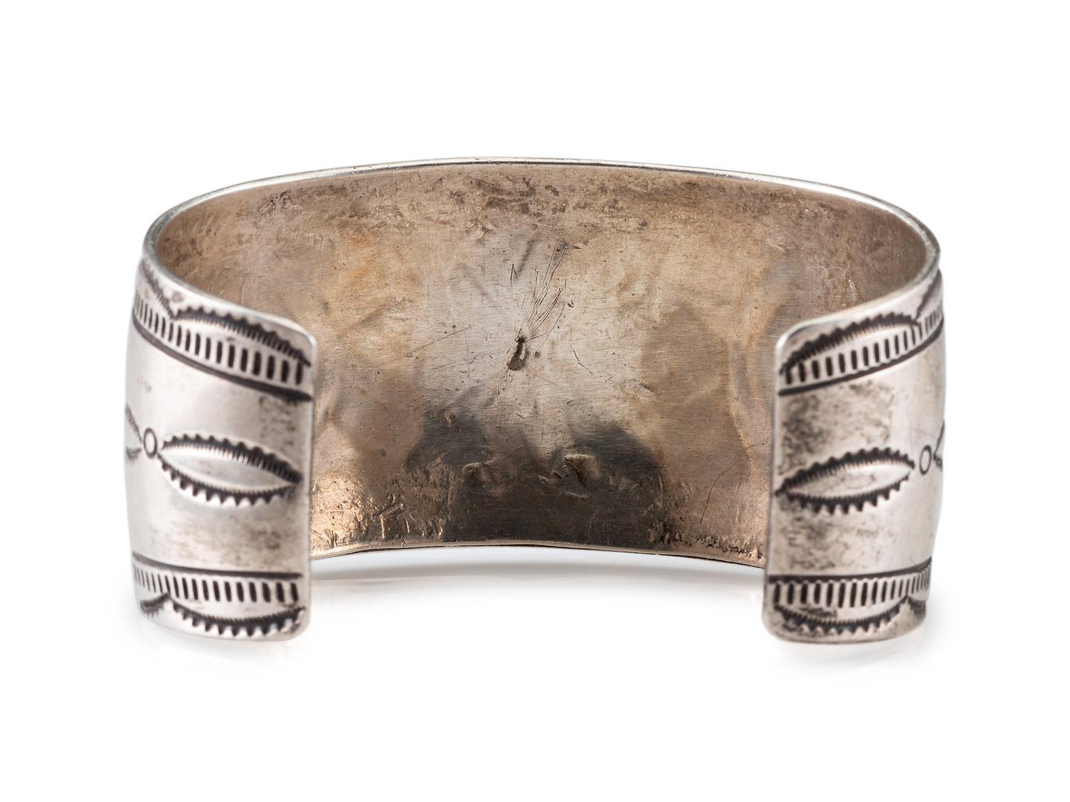 Navajo Havily Stamped Sterling Silver Cuff Bracelet, with Turquoise and Coral Chip Inlay