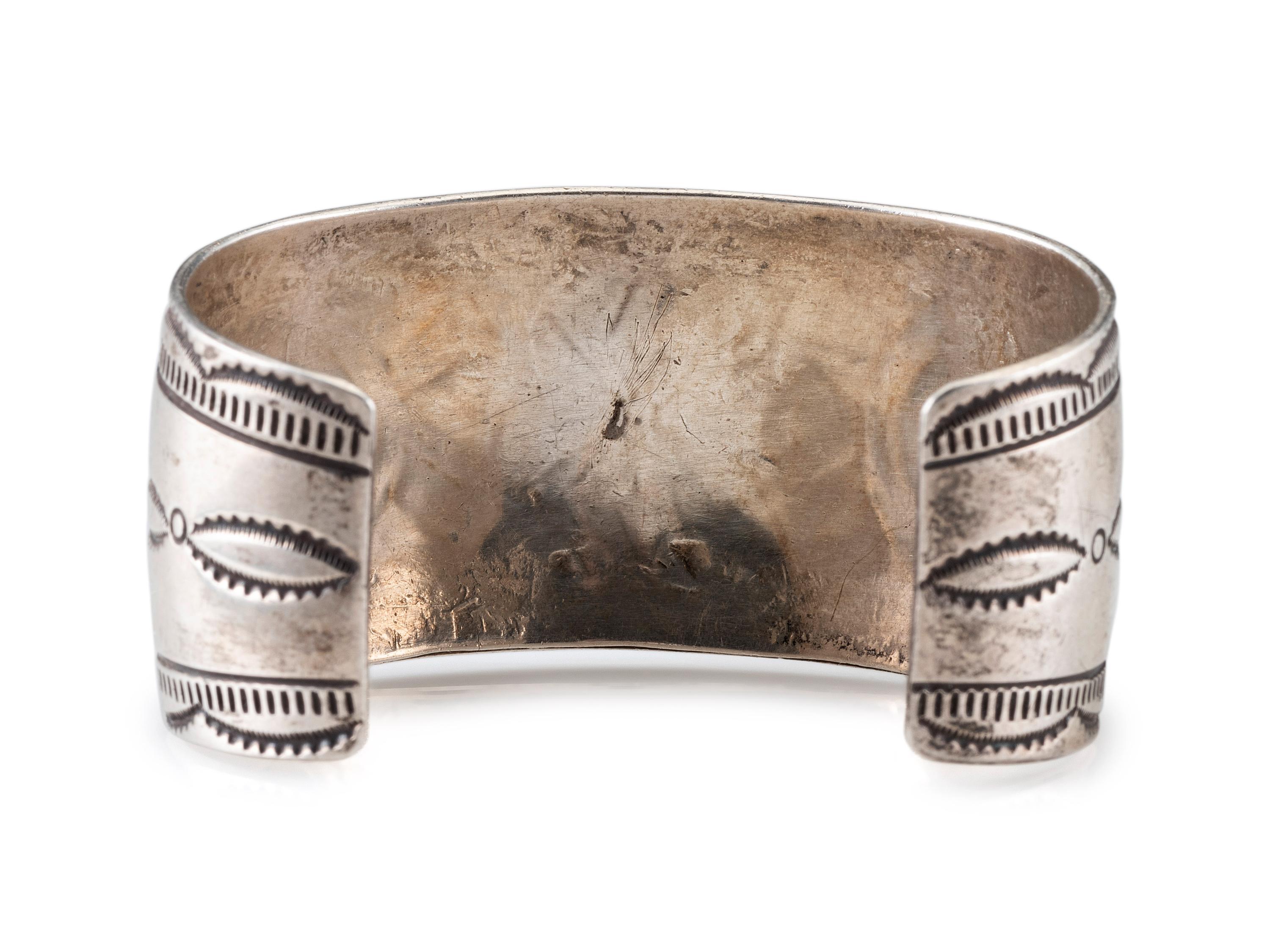 Navajo Havily Stamped Sterling Silver Cuff Bracelet, with Turquoise and Coral Chip Inlay