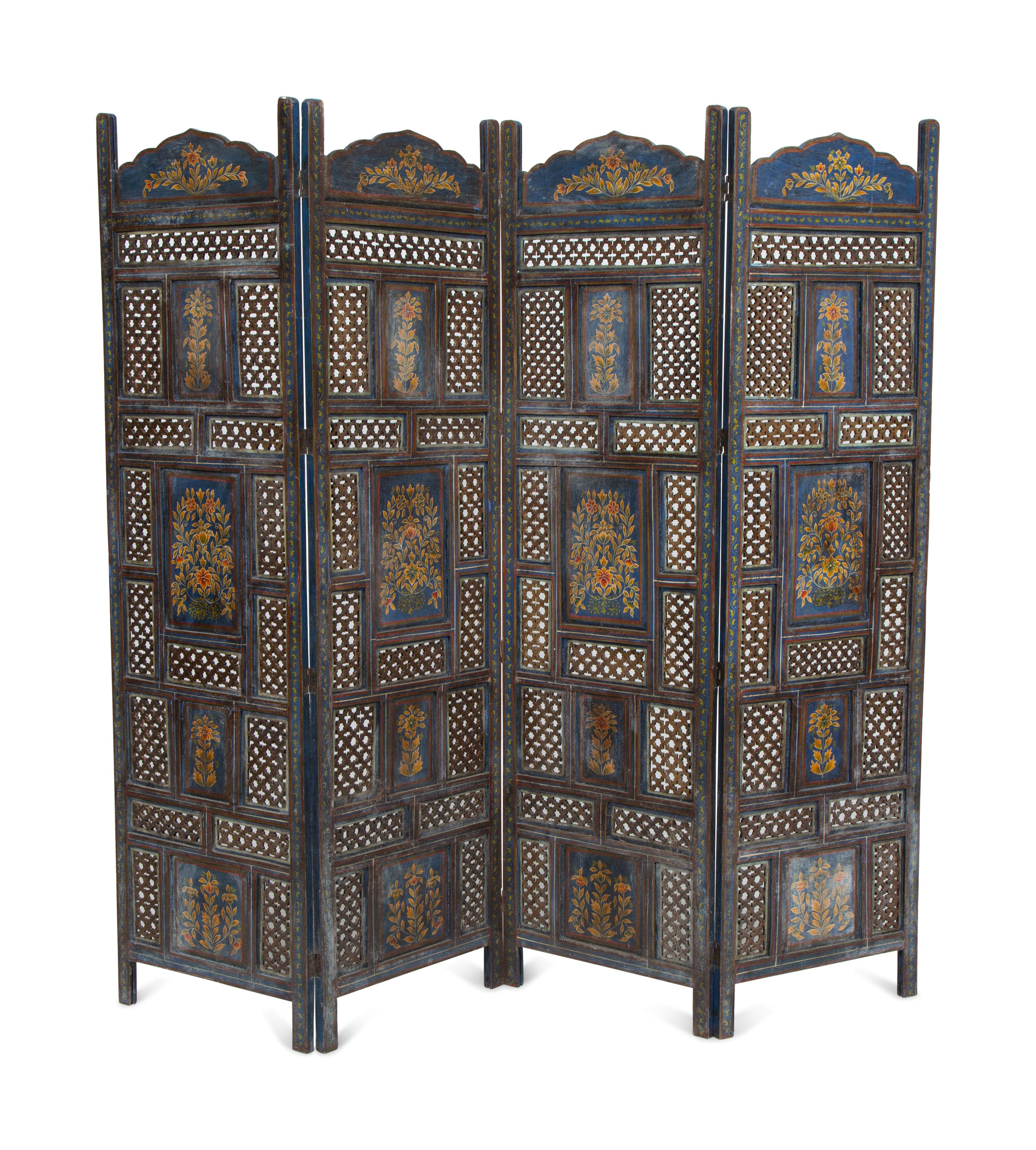 An Indian Painted and Pierce Carved Four Panel Floor Screen