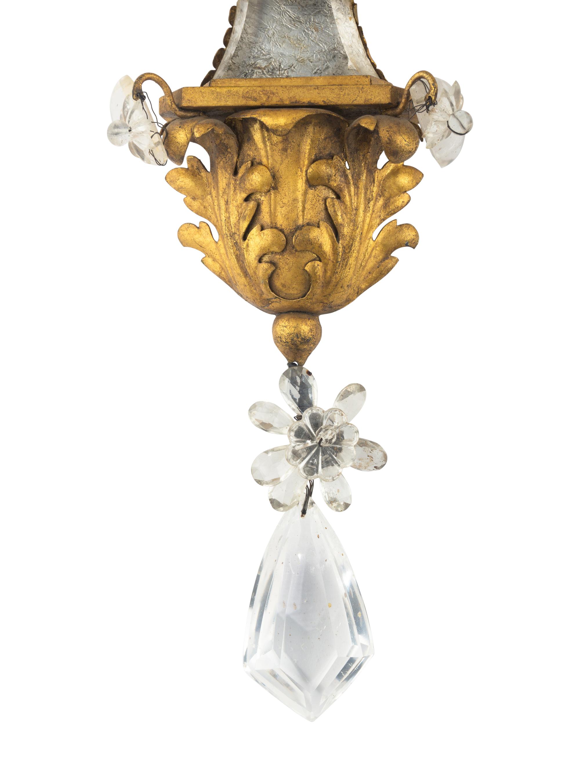 A Pair of Gilt Metal and Rock Crystal Two-Light Sconces