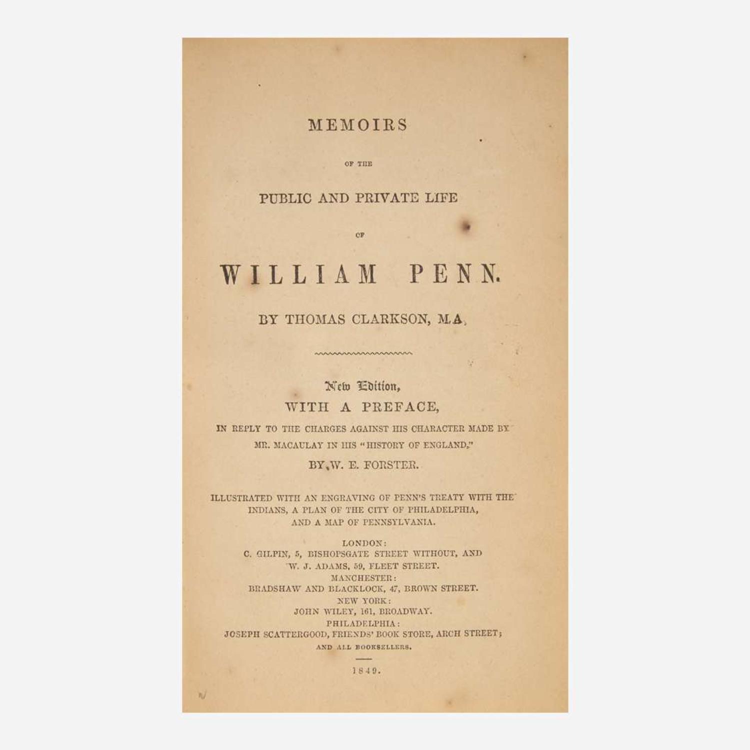 [Fore-edge Painting] [Currie, C.B.] Clarkson, Thomas Memoirs of the Public and Private Life of William Penn