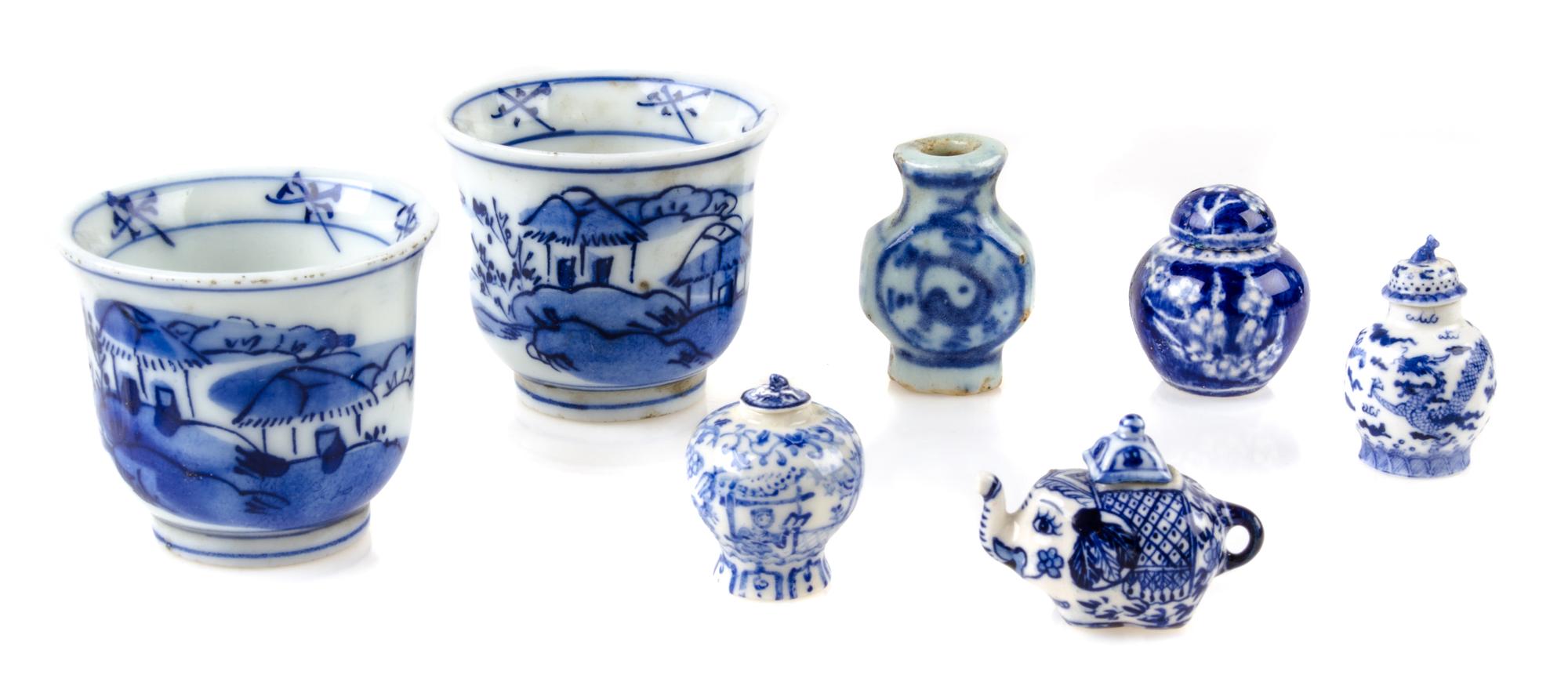 A Group of Seven Porcelain and Ceramic Blue and White Articles Height of jardiniere 1 5/8 inches.
