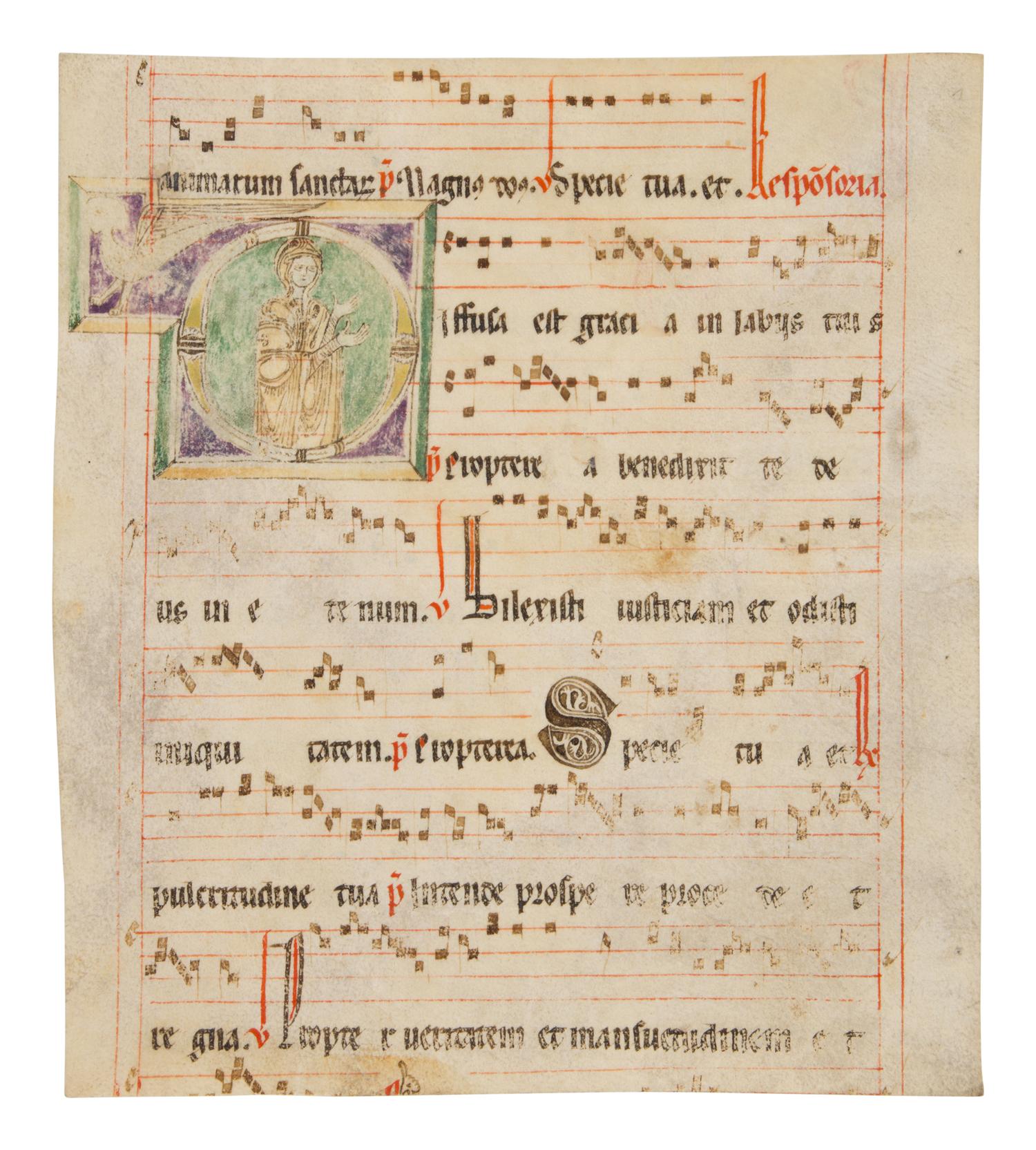 MOZARABIC ILLUMINATOR Leaf from a Mozarabic Antiphonary with a historiated initial ‘D’ depicting a female saint, in Latin, illuminated manuscript on parchment [Spain, first half(?) of the thirteenth century]
