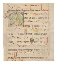 MOZARABIC ILLUMINATOR Leaf from a Mozarabic Antiphonary with a historiated initial ‘D’ depicting a female saint, in Latin, illuminated manuscript on parchment [Spain, first half(?) of the thirteenth century]