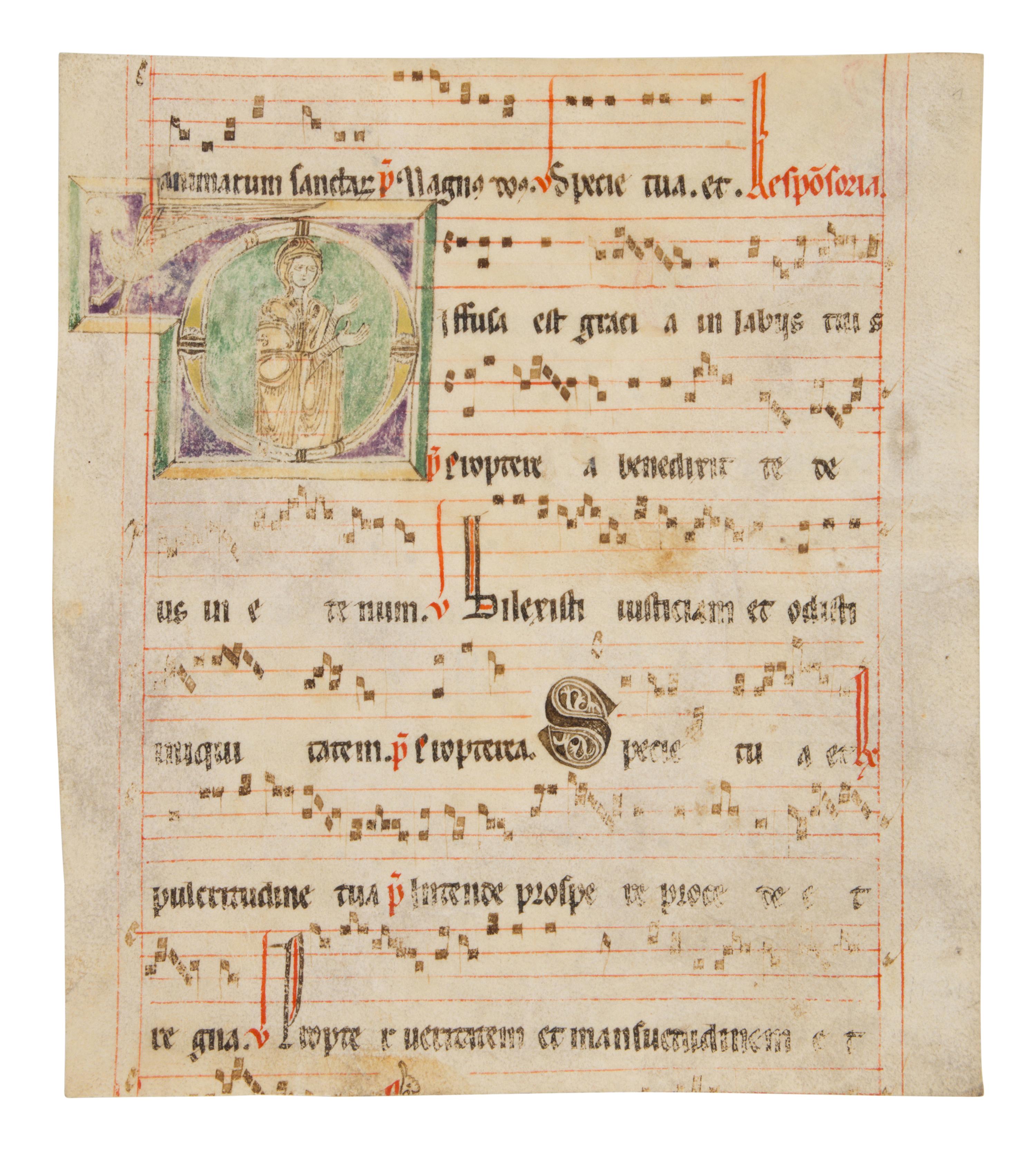 MOZARABIC ILLUMINATOR Leaf from a Mozarabic Antiphonary with a historiated initial ‘D’ depicting a female saint, in Latin, illuminated manuscript on parchment [Spain, first half(?) of the thirteenth century]