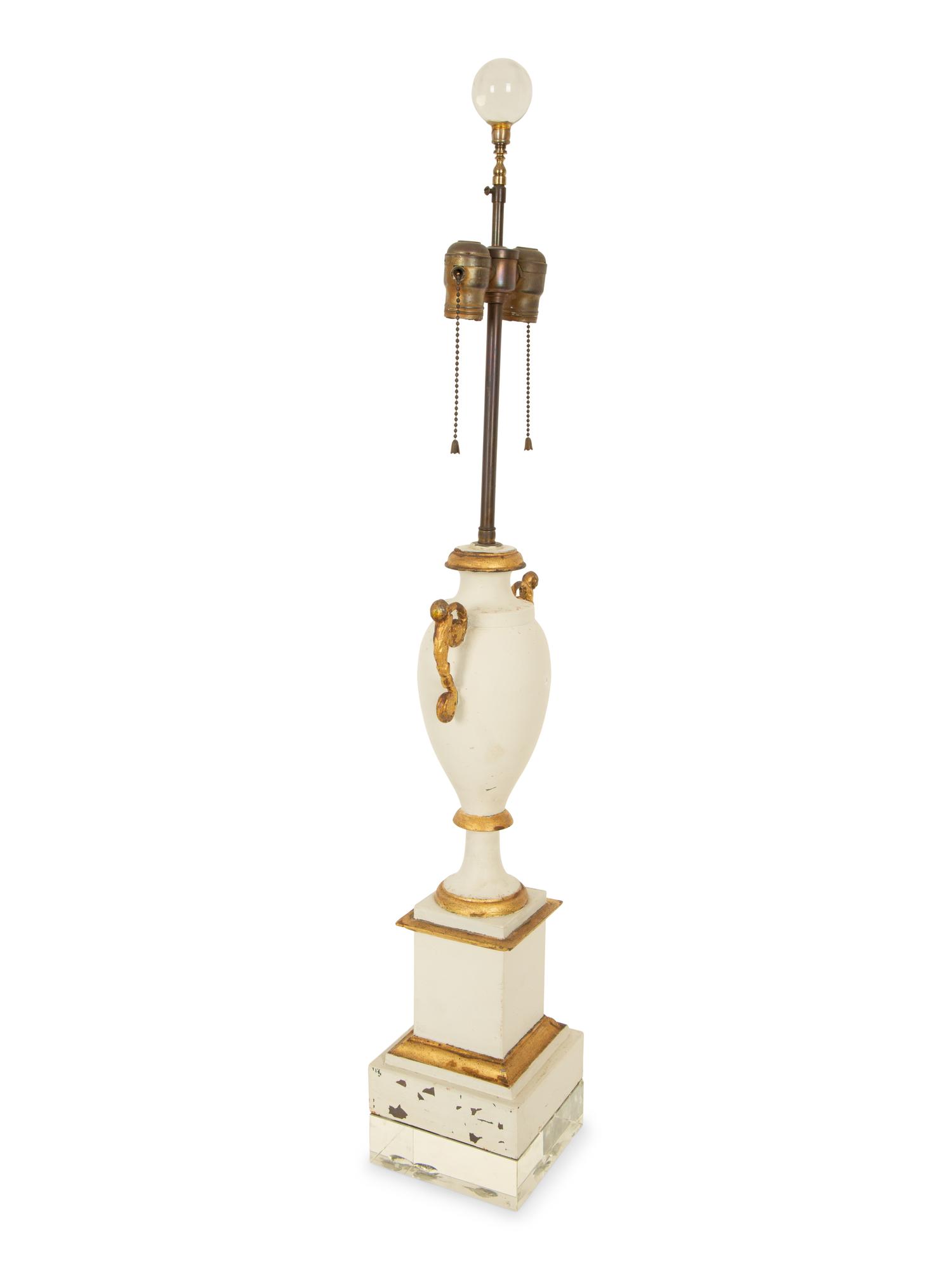 A Pair of White and Gilt Mounted Porcelain Table Lamps