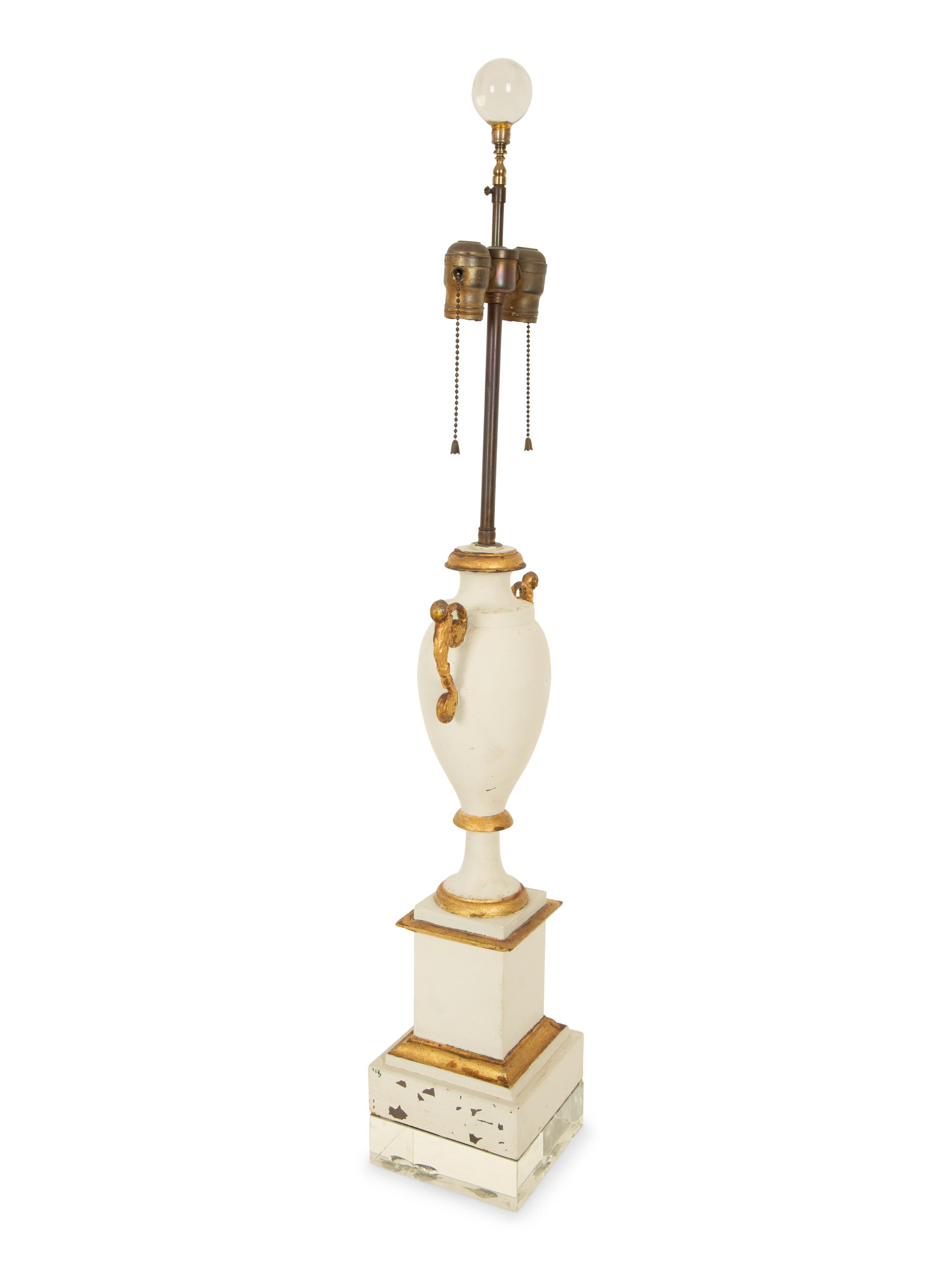 A Pair of White and Gilt Mounted Porcelain Table Lamps