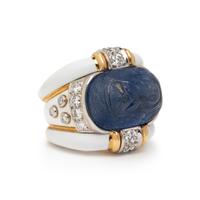 DAVID WEBB, CARVED SAPPHIRE, DIAMOND AND ENAMEL RING