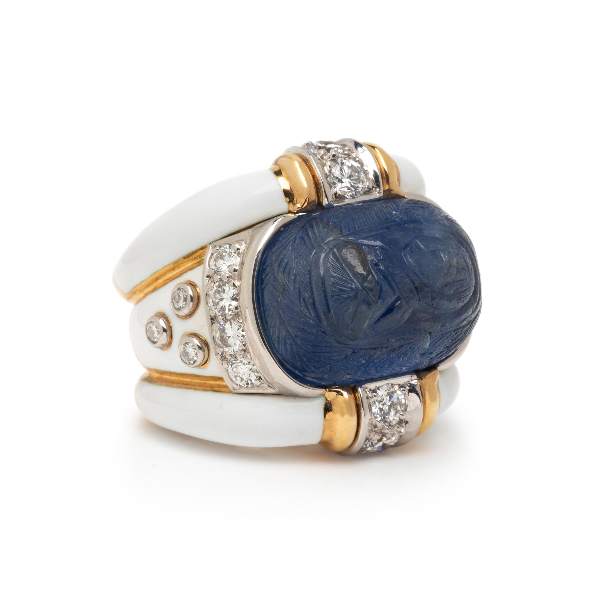 DAVID WEBB, CARVED SAPPHIRE, DIAMOND AND ENAMEL RING
