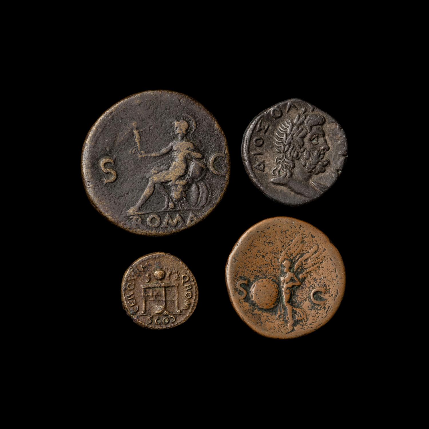 [ANCIENTS] ROMAN EMPIRE. Nero (54-68 AD). Ae Sestertius, Ae Billon Tetradrachm, Ae As and Ae Quadrans; Four Coins