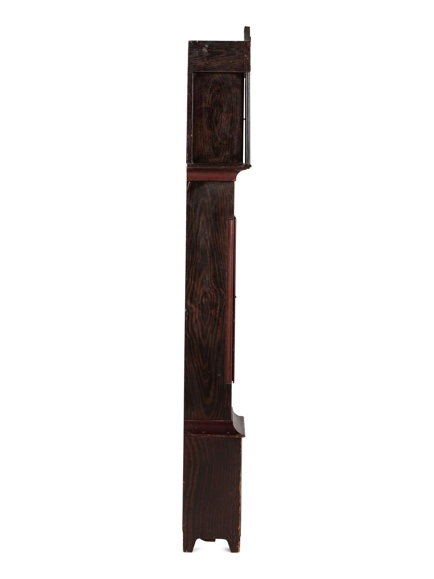 A Federal Red and Grain Painted Pine Wooden Works Tall Case Clock