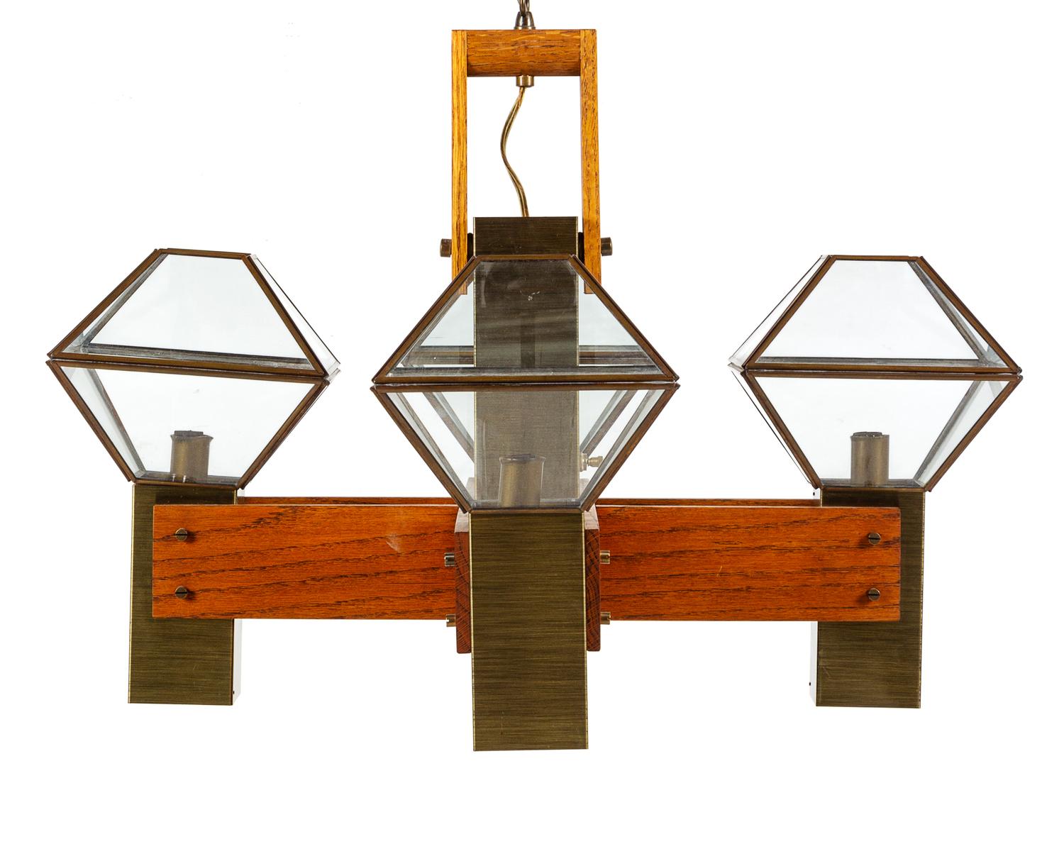 A Brass, Wood, and Glass Five-Light Chandelier