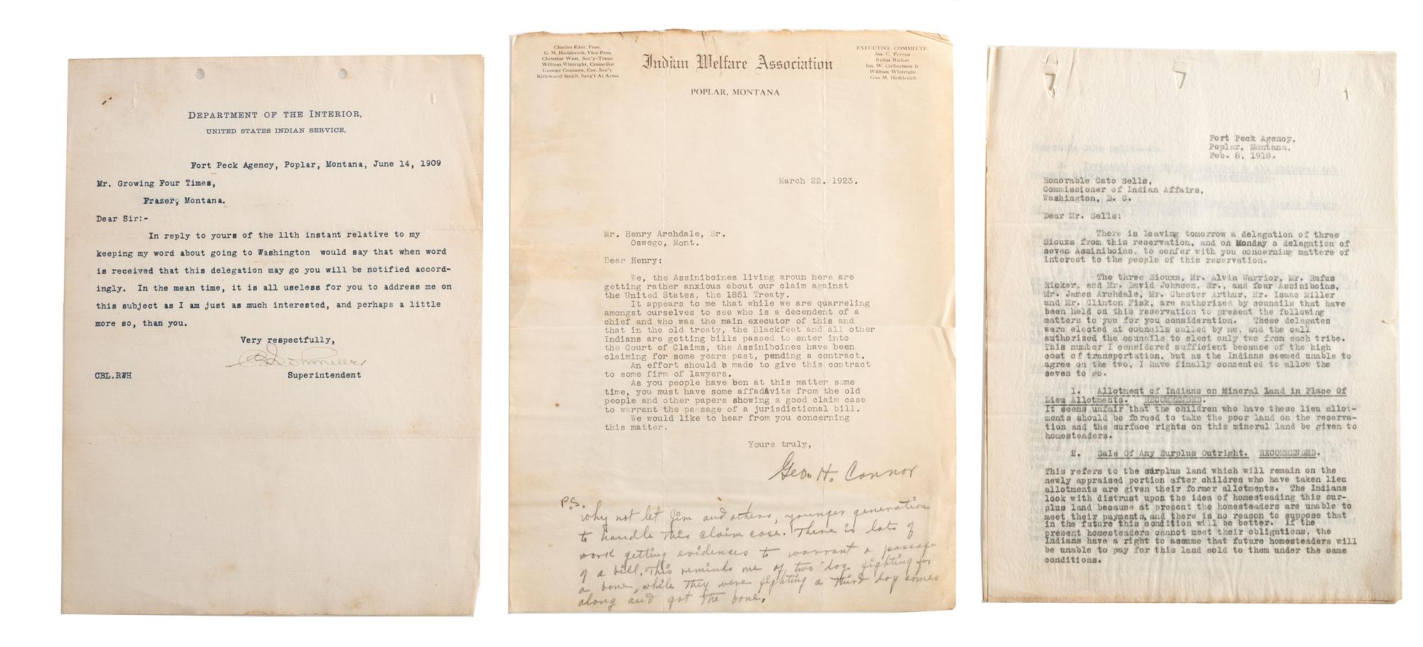 [NATIVE AMERICANS]. Archive of documents related to Assiniboine, Arapaho, and Northern Cheyenne tribal affairs, incl. delegation documents.